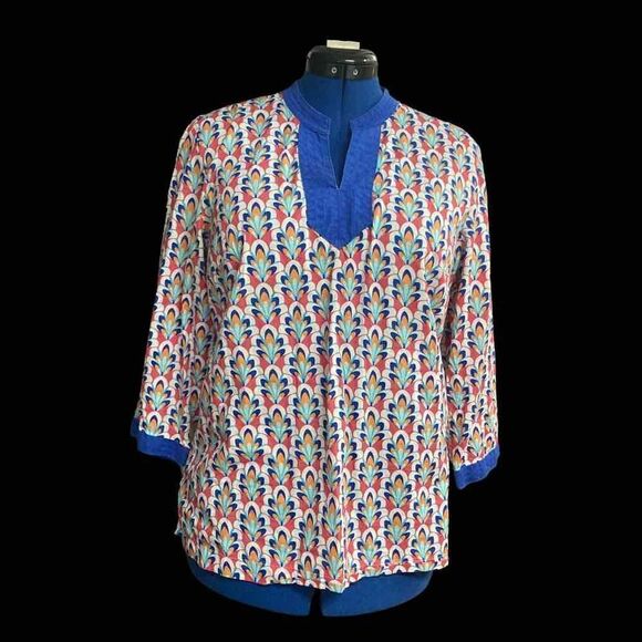 TALBOTS Multicolored Peacock Print Tunic Top Blouse Size Large Petite V-Neck - Picture 9 of 11
